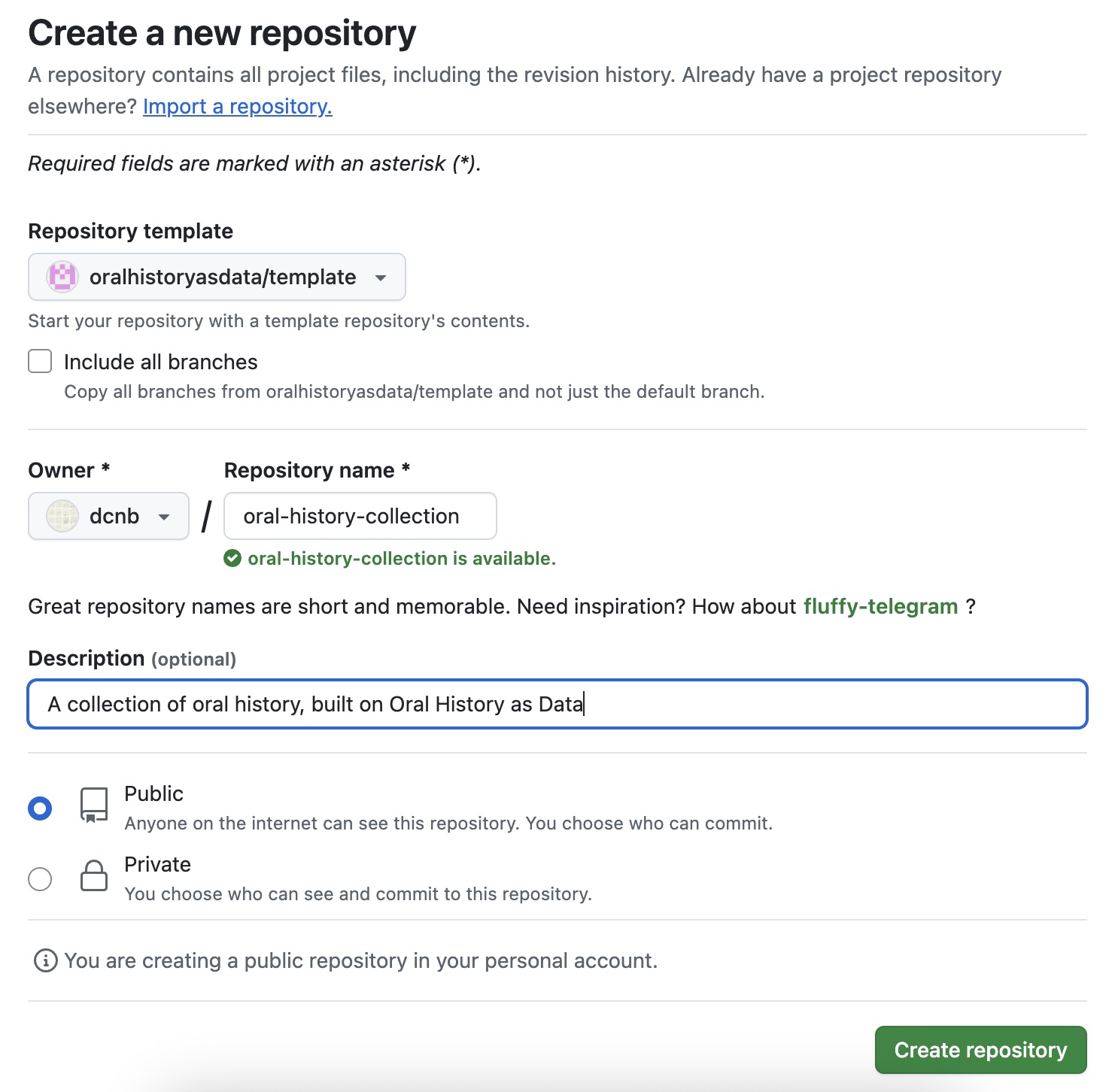 Screenshot showing the configuration menu for someone after they create a new repo based on ohd template