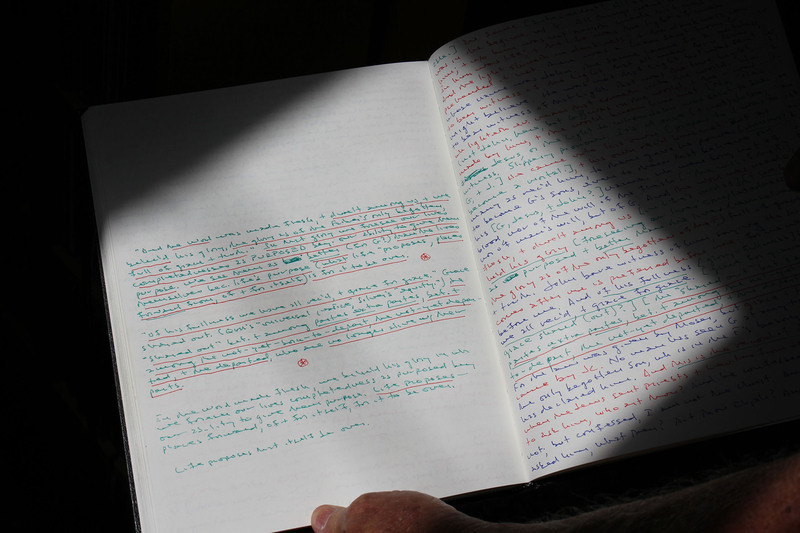 Multi-colored page of James McMichael's notes with underlining
