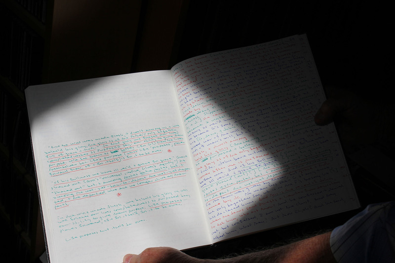 Multi-colored page of James McMichael's notes with underlining (2)