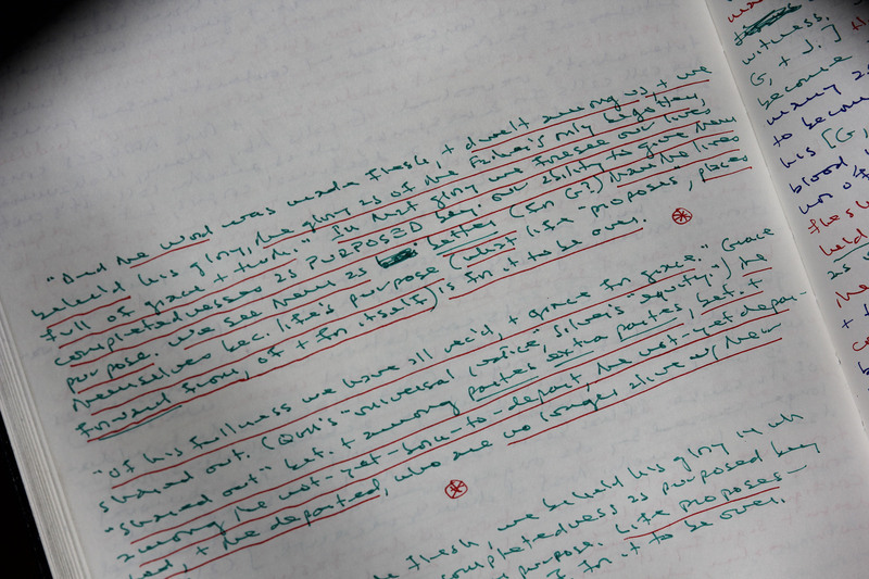 Close up on James McMichael's multi-colored notes