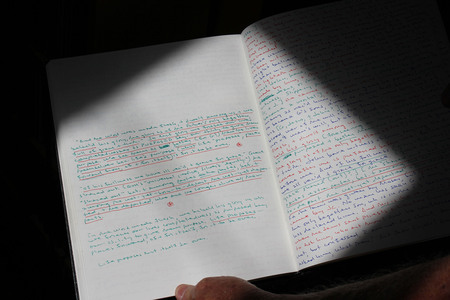 Multi-colored page of James McMichael's notes with underlining