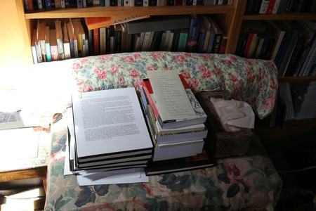 Stacks of books and drafts related to James McMichael interview